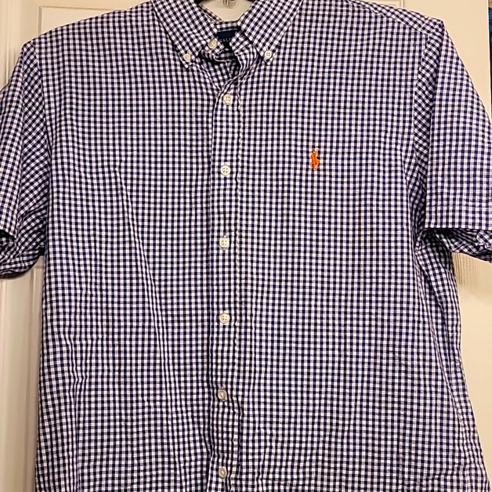 Ralph Lauren Men's  Button Down Blue & White Plaid Short Sleeve Shirt Size Large